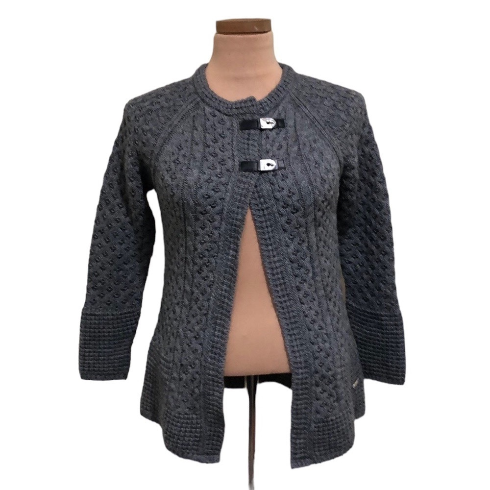 Pili Carrera Cardigan Sweater Size 12 Gray Fisherman’s Cable Knit Wool Alpaca